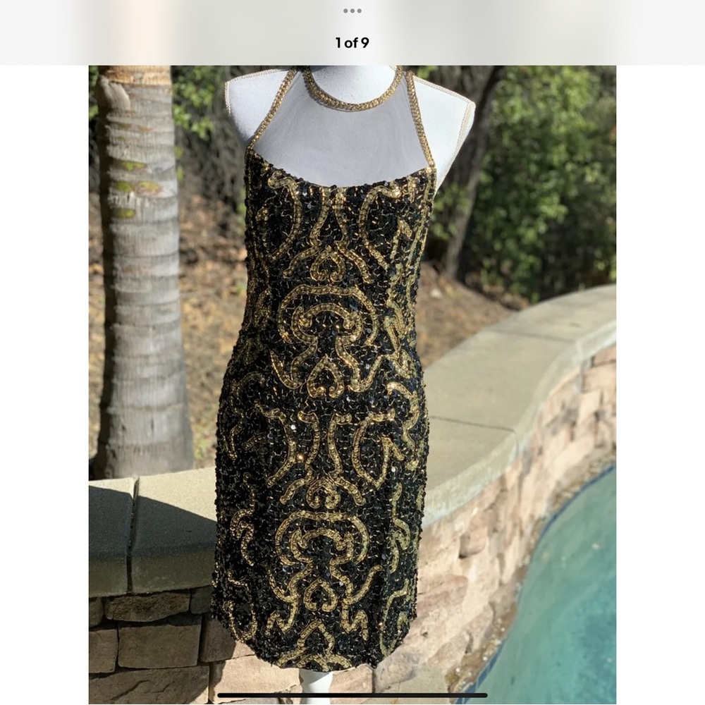 Vintage 💋 80’s Nite Line Beaded Sequin Embellished Dress black & gold Sz 8 ⭐️